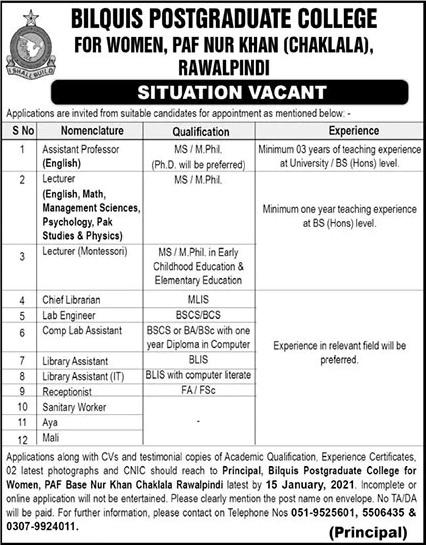 Bilquis Postgraduate College for Women Rawalpindi Jobs 2021 Teaching Faculty & Others Latest