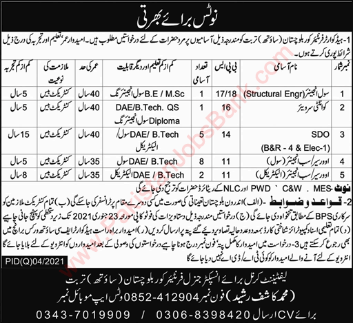 FC Balochistan Jobs 2021 Frontier Corps Turbat Sub / Civil Engineers & Others Latest