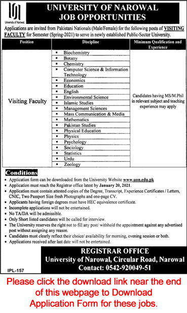 Visiting Faculty Jobs in University of Narowal 2021 UON Application Form Latest