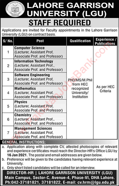 Teaching Faculty Jobs in Lahore Garrison University 2021 LGU Latest