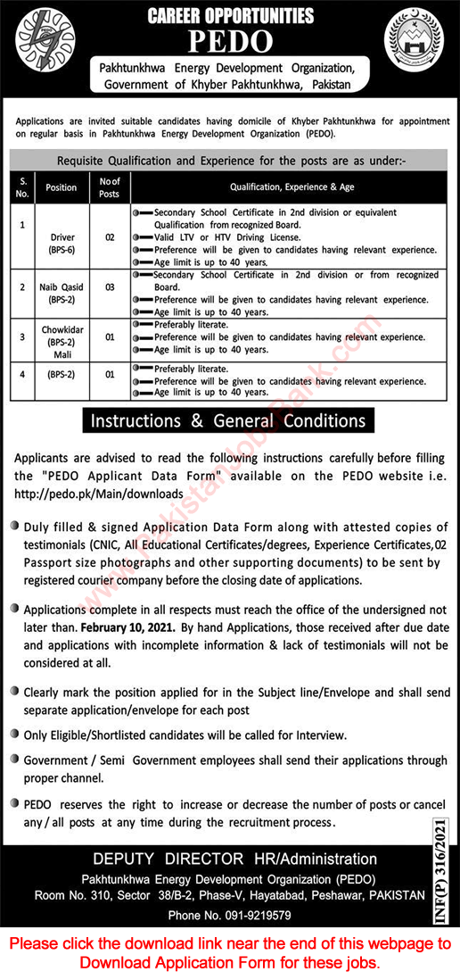 Pakhtunkhwa Energy Development Organization KPK Jobs 2021 PEDO Application Form Naib Qasid & Others Latest