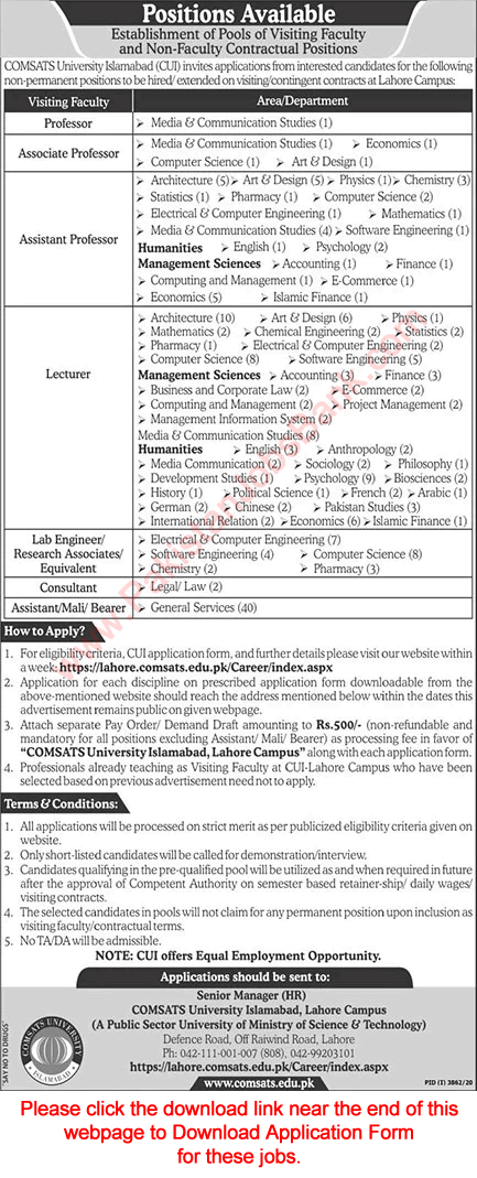 COMSATS University Jobs 2021 CUI Lahore Application Form Teaching Faculty & Others Latest