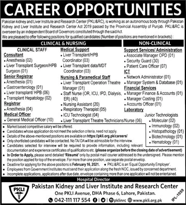 Pakistan Kidney and Liver Institute Jobs 2021 February PKLI Staff Nurses, Security Guards & Others Latest