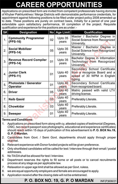 PO Box 19 GPO Mardan Jobs 2021 February Social Mobilizers & Others Latest