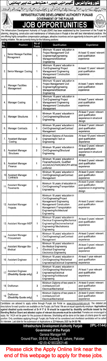 Infrastructure Development Authority Punjab Jobs 2021 February IDAP Apply Online Latest