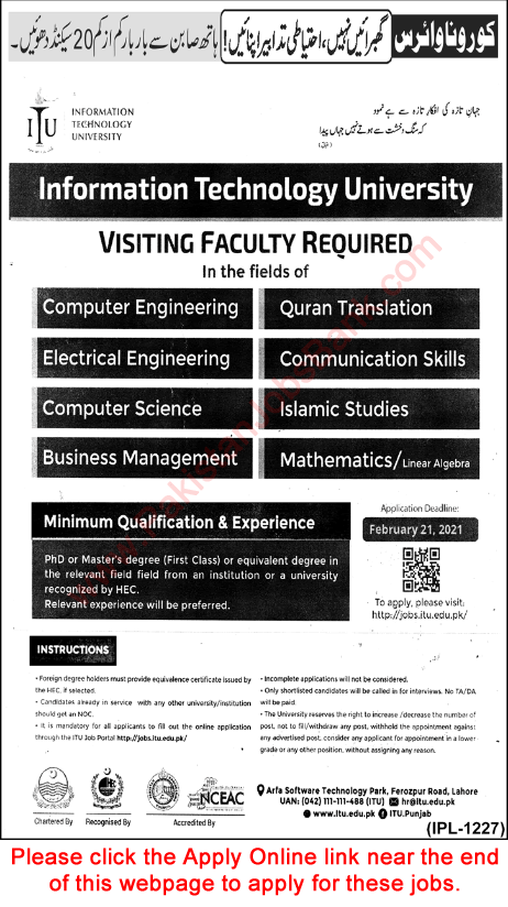 Visiting Faculty Jobs in Information Technology University Lahore 2021 February Apply Online Latest
