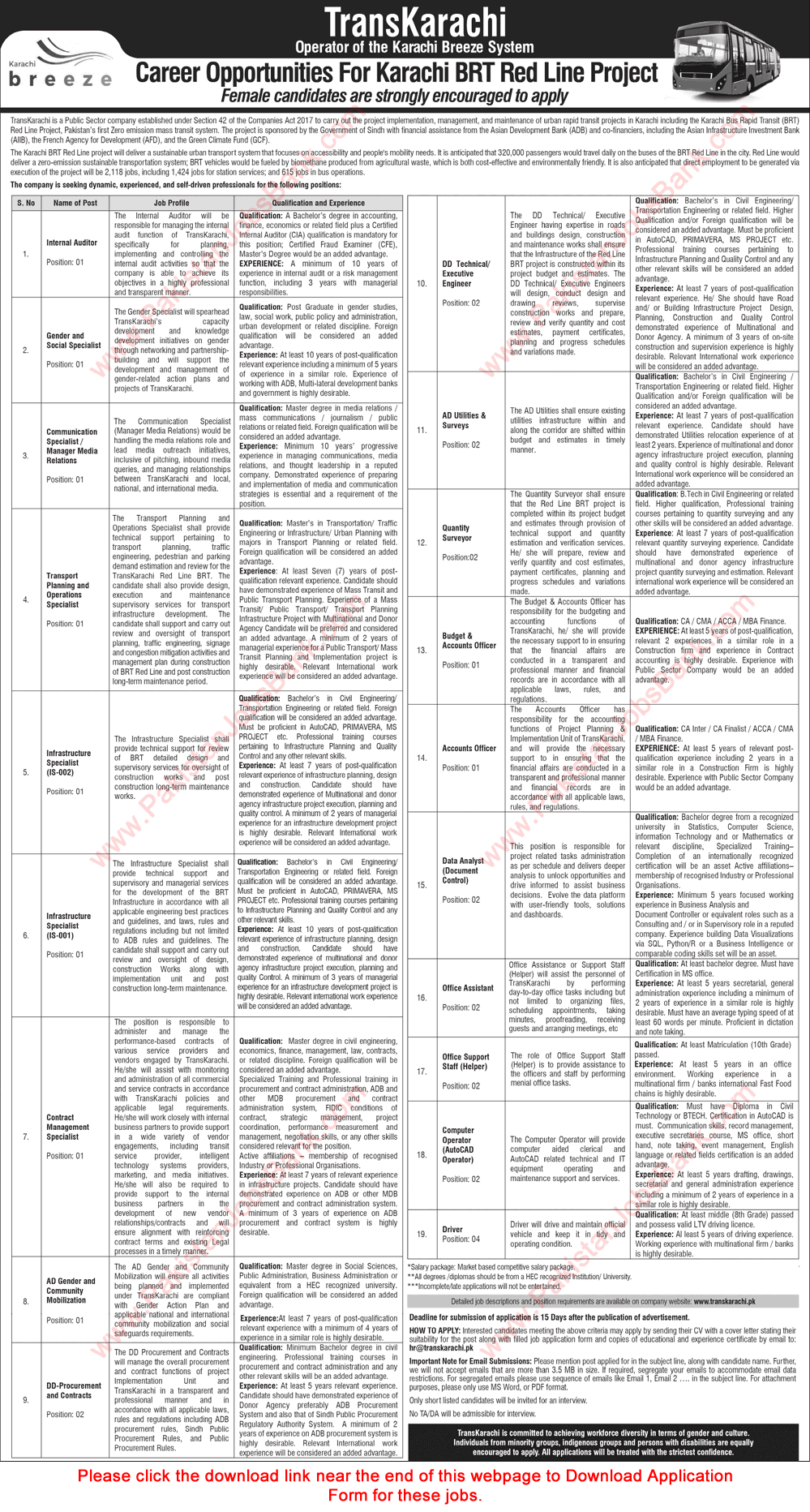 Trans Karachi Jobs 2021 February Application Form BRT Red Line Project Latest