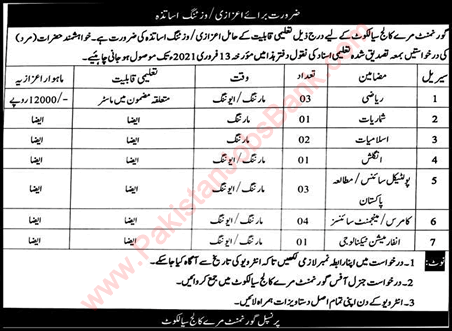 Teaching Jobs in Government Murray College Sialkot 2021 February Visiting Faculty Latest