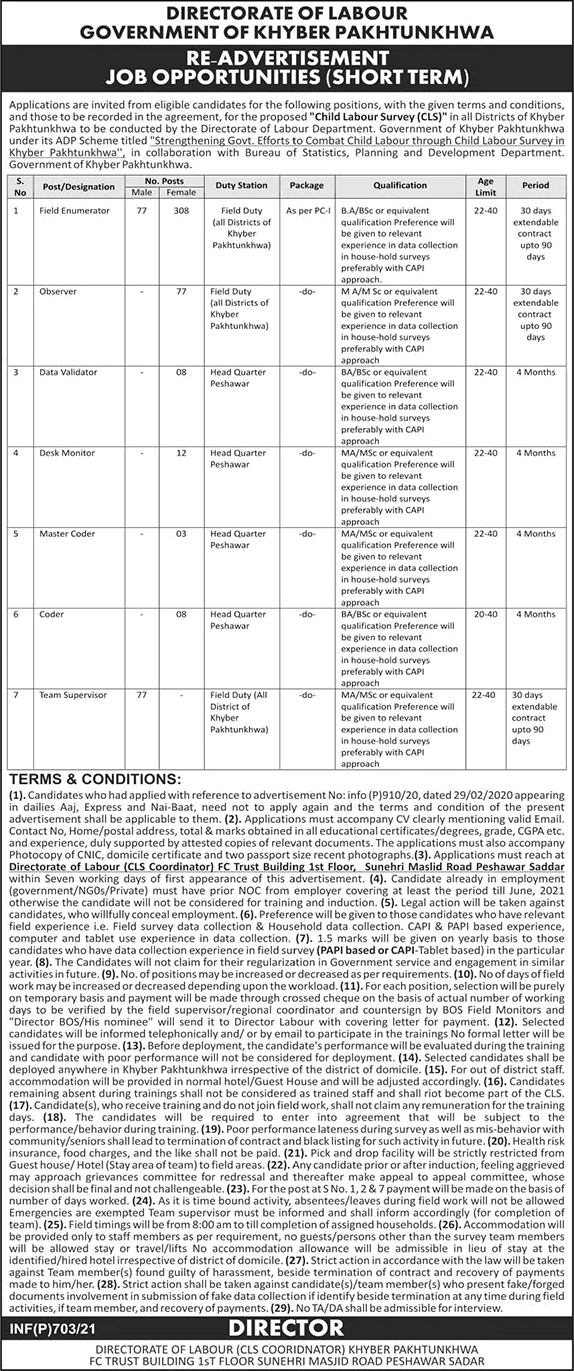 Directorate of Labour KPK Jobs 2021 February Field Enumerators, Observers & Others Latest