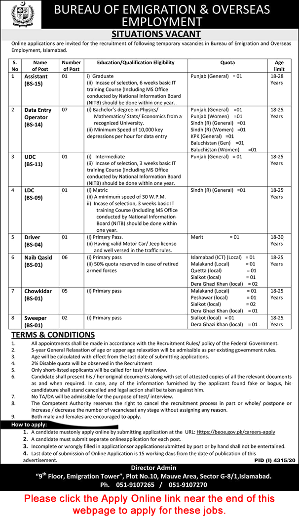 Bureau of Emigration and Overseas Employment Islamabad Jobs 2021 February Apply Online Latest
