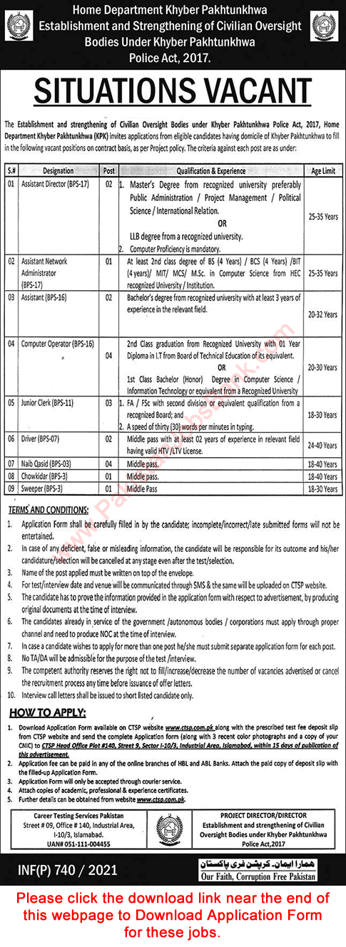 Home Department KPK Jobs 2021 February CTSP Application Form Naib Qasid, Computer Operators & Others Latest
