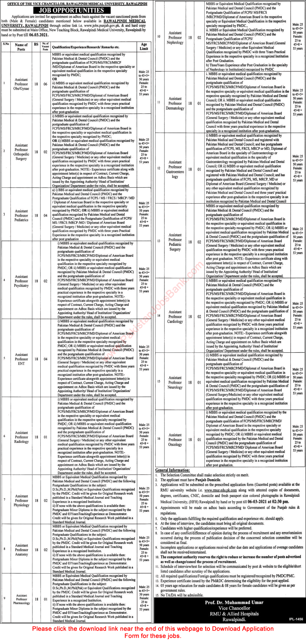 Assistant Professor Jobs in Rawalpindi Medical University 2021 February RMU Application Form Latest