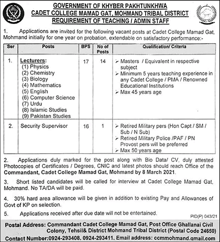 Cadet College Mamad Gat Mohmand Jobs 2021 February Lecturers & Security Supervisor Latest