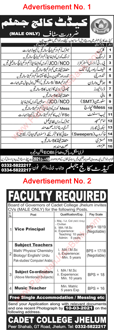 Cadet College Jhelum Jobs 2021 February Teachers & Others Latest