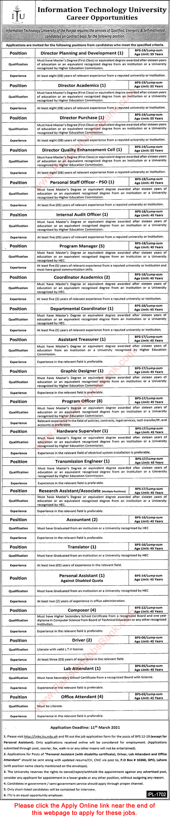 ITU Lahore Jobs February 2021 Apply Online Information Technology University Latest