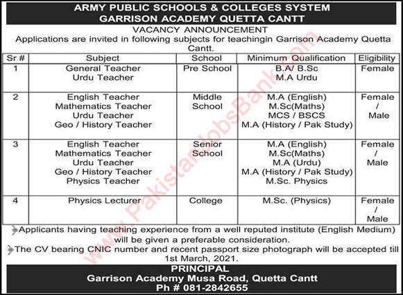 Army Public School and College Quetta Jobs 2021 February Teaching Faculty APS&C Garrison Academy Latest