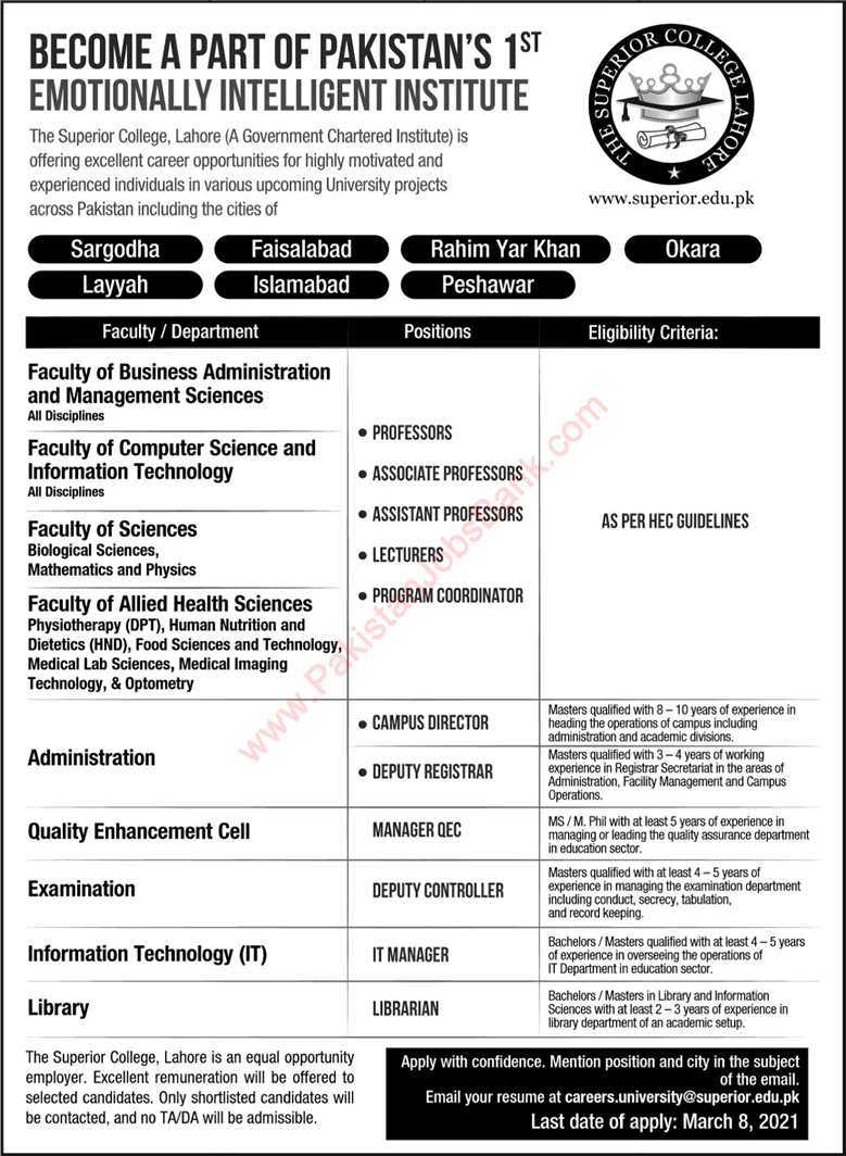 Superior College Jobs 2021 February / March Teaching Faculty & Others Latest