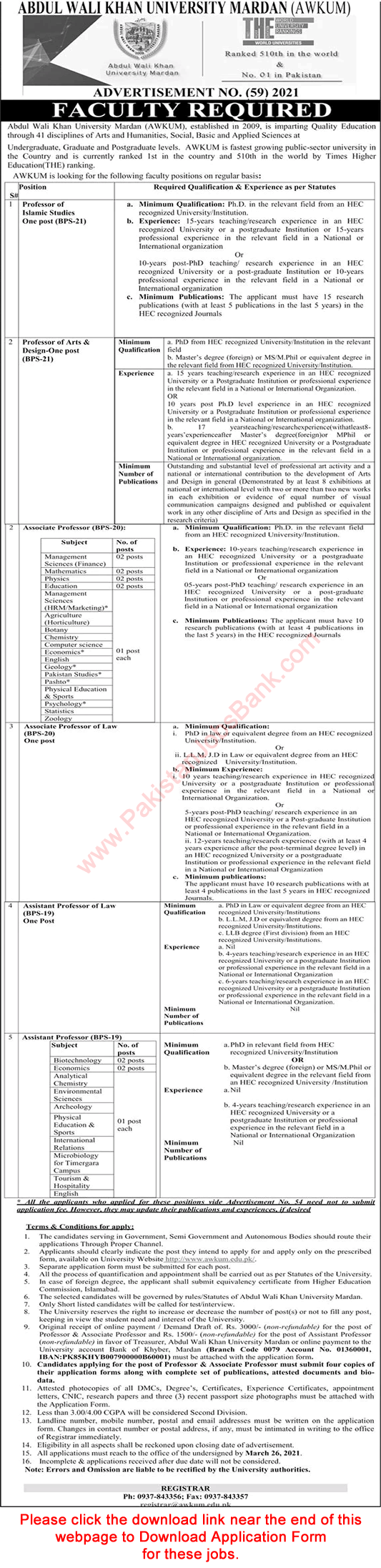 Abdul Wali Khan University Mardan Jobs 2021 March AWKUM Application Form Teaching Faculty Latest