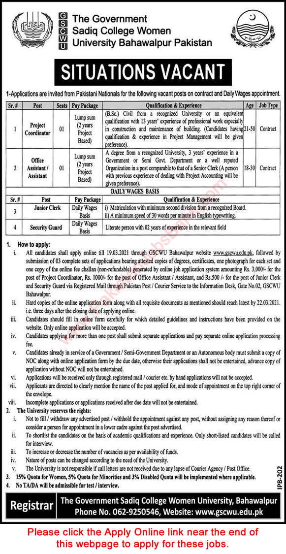 Government Sadiq College Women University Bahawalpur Jobs 2021 March Apply Online Latest