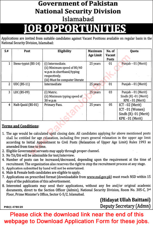 National Security Division Islamabad Jobs 2021 March Application Form Naib Qasid, Clerks & Others Latest