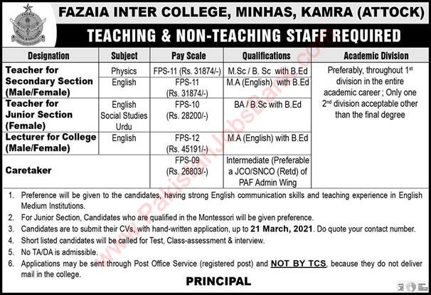 Fazaia Inter College Minhas Kamra Jobs 2021 March Attock for Teachers, Lecturer & Cartaker Latest