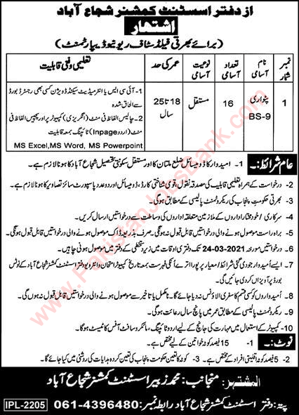 Patwari Jobs in Revenue Department Shujabad 2021 March Latest