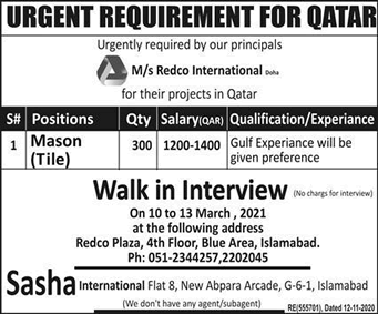 Tile Mason Jobs in Redco International Qatar March 2021 Walk in Interview Latest