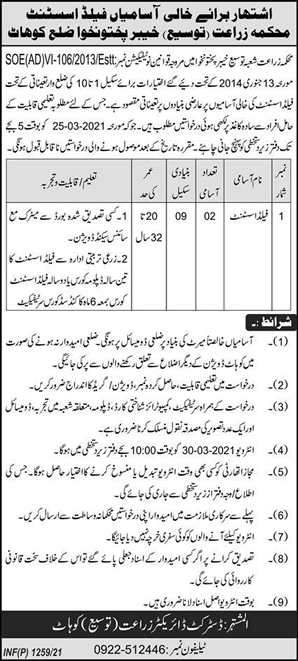 Field Assistant Jobs in Agriculture Department KPK 2021 March Kohat Latest