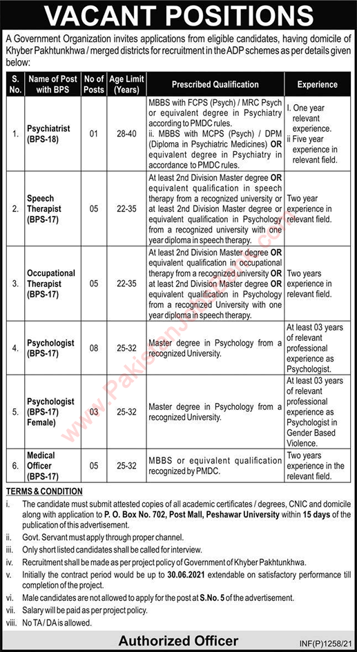 PO Box 702 Peshawar Jobs 2021 March Psychologists & Others Latest