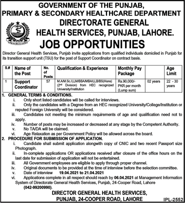 Support Coordinator Jobs in Primary and Secondary Healthcare Department Punjab March 2021 Latest