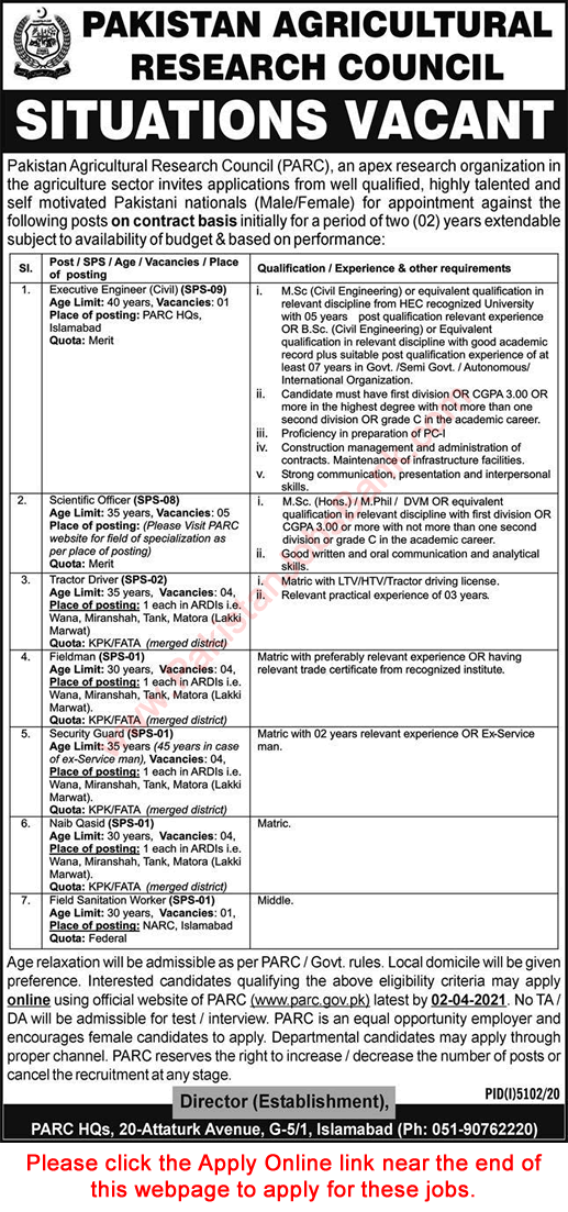 Pakistan Agricultural Research Council Jobs March 2021 PARC Apply Online Scientific Officers & Others Latest