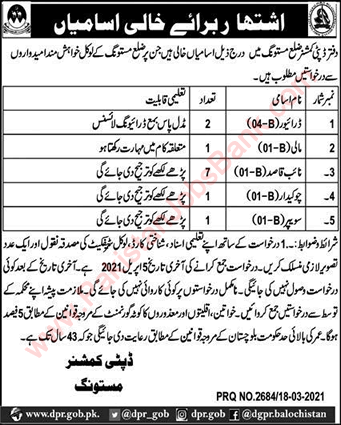 Deputy Commissioner Office Mastung Jobs 2021 March Naib Qasid & Others Latest