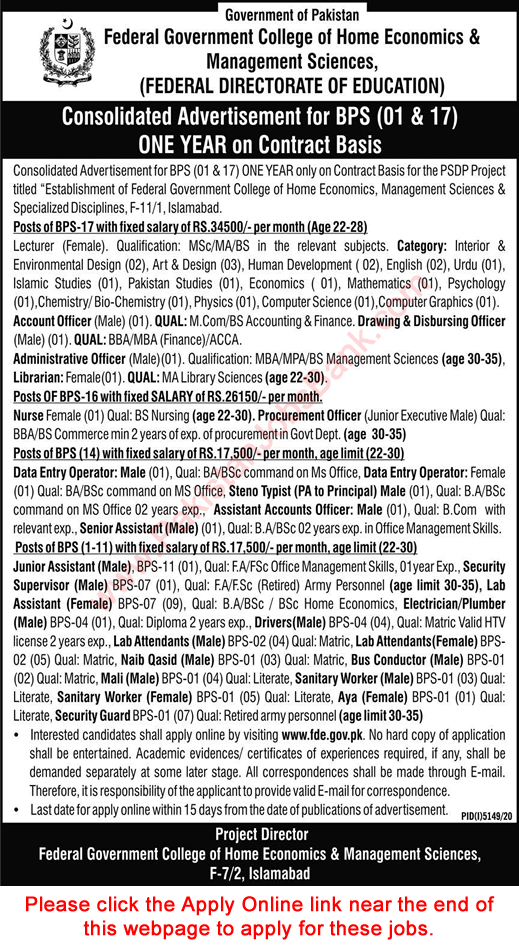 Federal Directorate of Education Islamabad Jobs 2021 March FDE Apply Online Lecturers & Others Latest