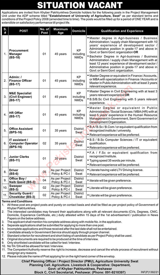 Agriculture University Swat Jobs 2021 March Latest