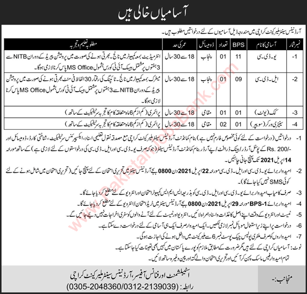 Ordnance Center Malir Cantt Karachi Jobs 2021 March Clerks & Others Latest