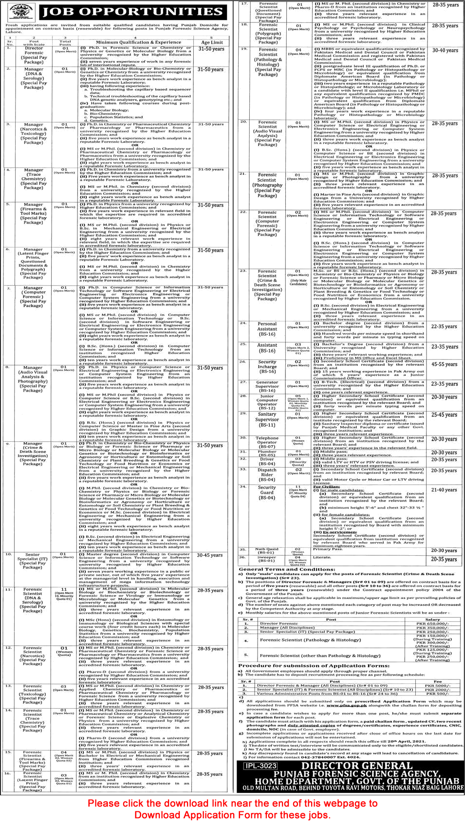 Punjab Forensic Science Agency Jobs April 2021 PFSA Application Form Forensic Scientists & Others Latest