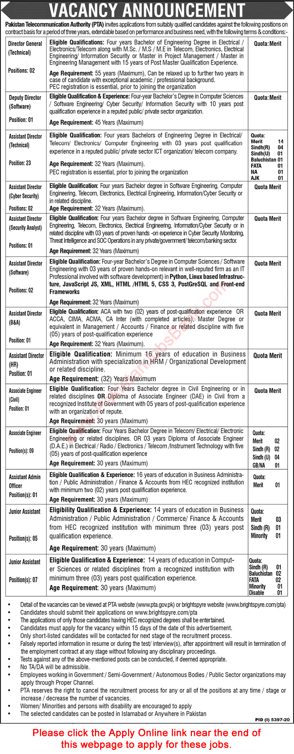 PTA Jobs 2021 April Apply Online Pakistan Telecommunication Authority Latest