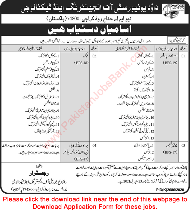 Dawood University of Engineering and Technology Karachi Jobs 2021 April DUET Application Form Latest