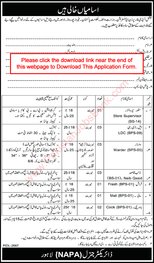 National Academy for Prisons Administration Lahore Jobs 2021 April NAPA Application Form Latest