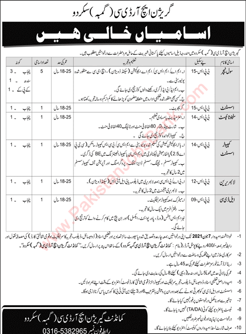 Garrison HRDC Skardu Jobs 2021 April Civil Teacher & Others Pak Army Latest