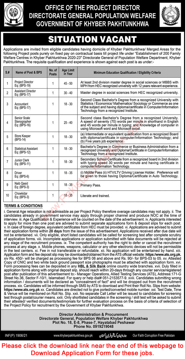 Population Welfare Department KPK Jobs 2021 April ATS Application Form Clerks & Others Latest