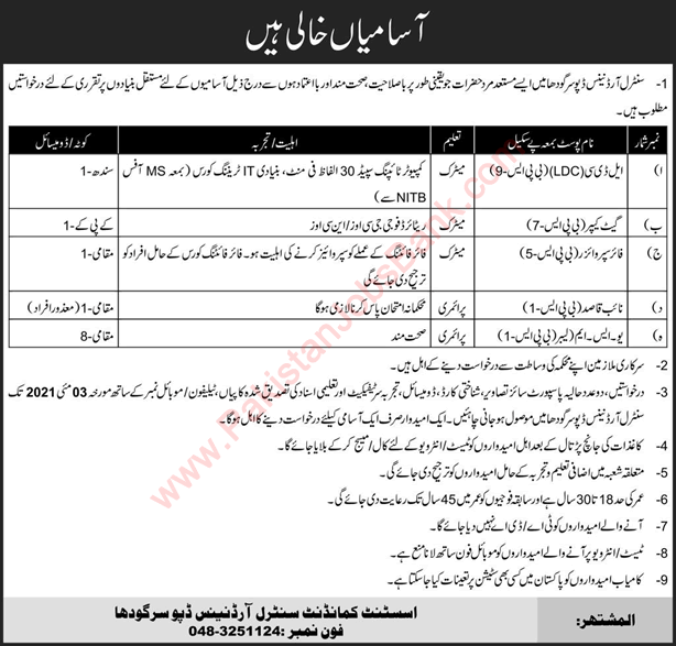 Central Ordnance Depot Sargodha Jobs 2021 April USM Labors & Others Pak Army Latest