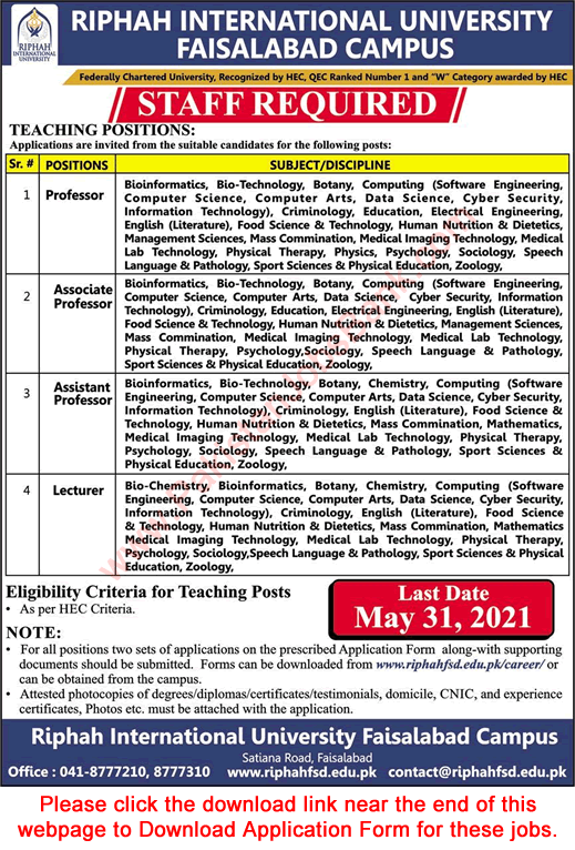 Riphah International University Faisalabad Jobs 2021 April Application Form RIU Teaching Faculty Latest