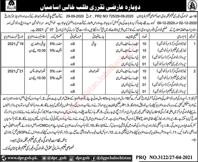 Literacy and Non-Formal Education Department Balochistan Jobs 2021 April / May Tutors & Supervisors Latest