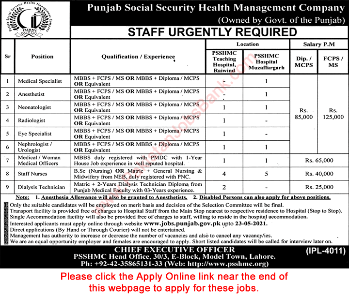 Punjab Social Security Health Management Company Jobs May 2021 Apply Online PSSHMC Hospitals Latest