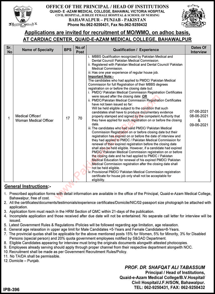 Medical Officer Jobs in Bahawal Victoria Hospital Bahawalpur May 2021 BVH Quaid e Azam Medical College Latest