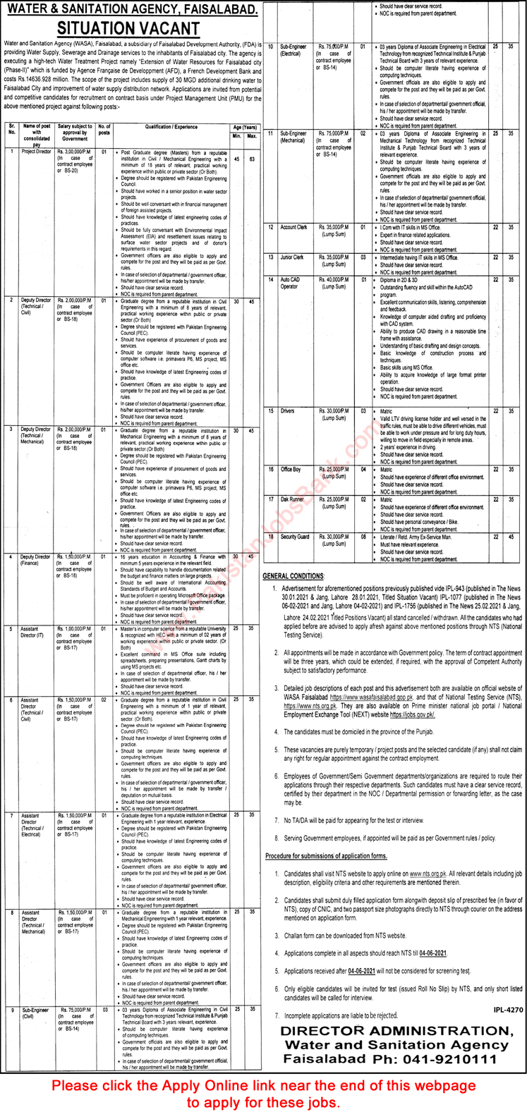 WASA Faisalabad Jobs May 2021 NTS Apply Online Water and Sanitation Agency Latest