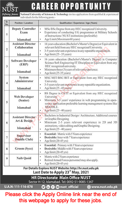 NUST University Islamabad Jobs May 2021 Apply Online National University of Science and Technology Latest