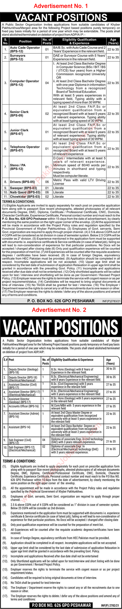 PO Box 626 GPO Peshawar Jobs 2021 June Public Sector Organization Latest