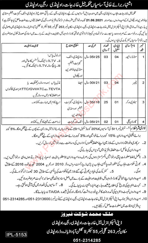 Prison Department Rawalpindi Jobs 2021 June Sanitary Workers & Others Latest